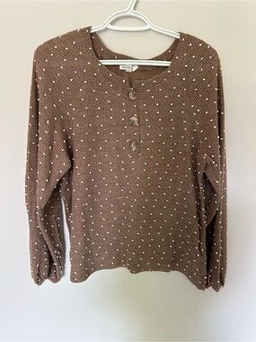 Blu Pepper Brown Knit Henley Top with White Dot Accents